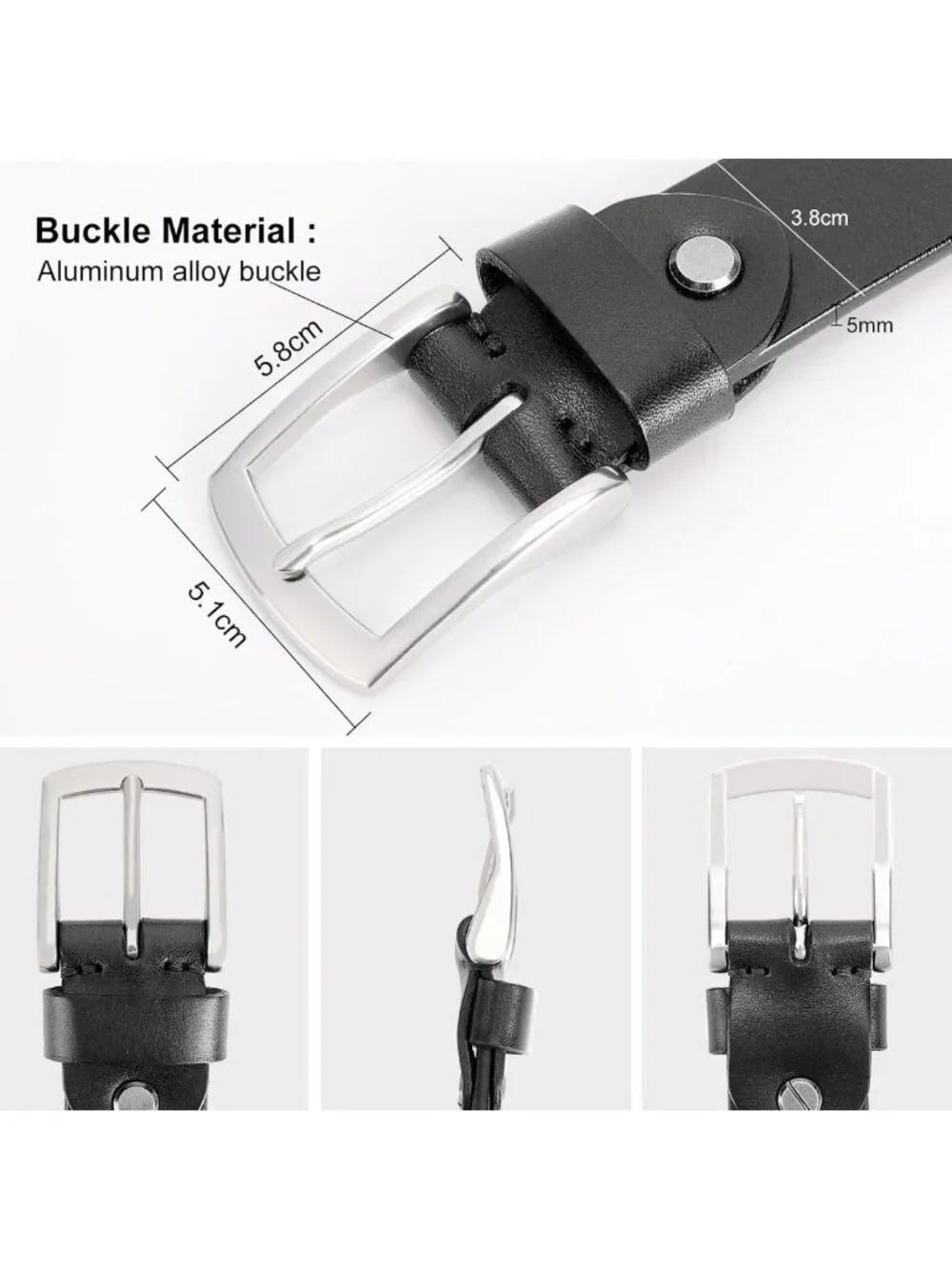 Men's 5mm Thick Full Grain Leather Heavy-Duty Belt with Silver Buckle - Durable